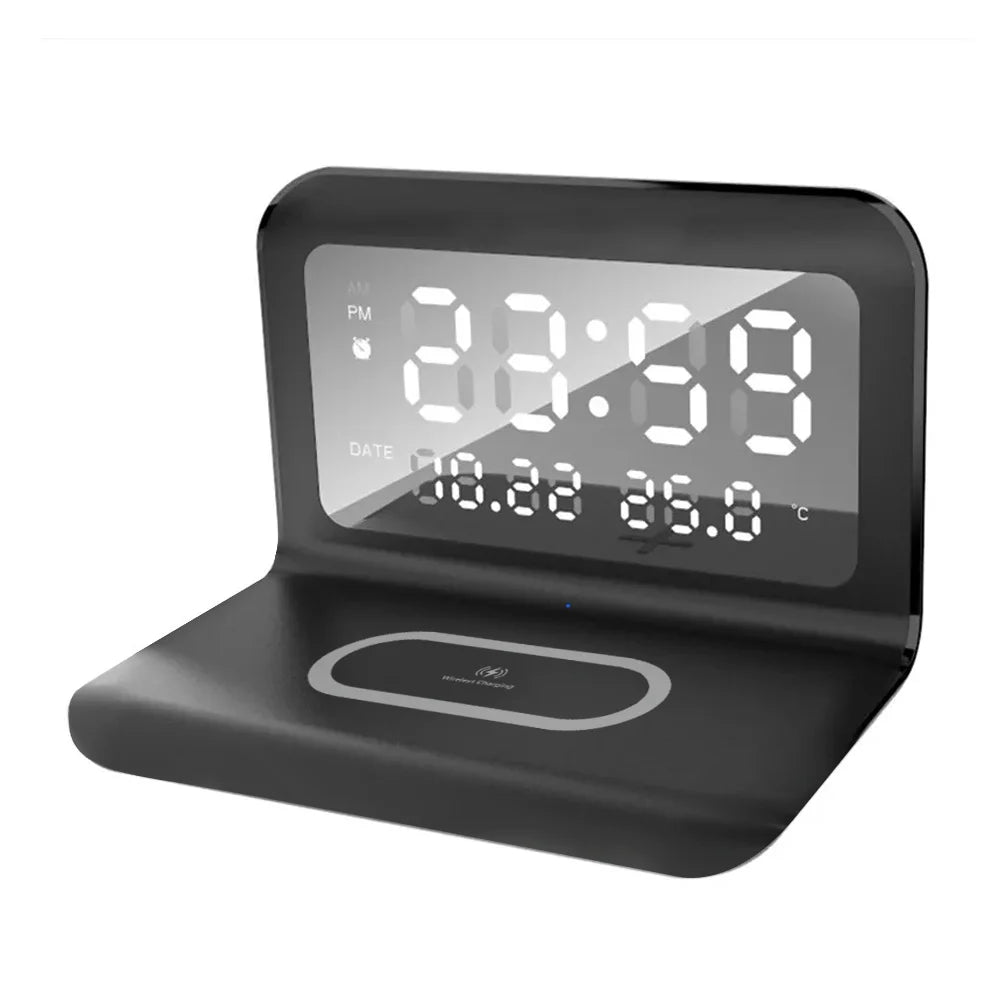 Fast Wireless Charger Pad Stand with Alarm Clock & Thermometer for iPhone 17-11/X, Xiaomi, Samsung S25 & All Qi-enabled Phones