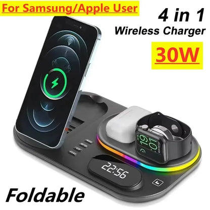 Hot Sale 5 in 1 Wireless Charging Station 15W Fast Charging Alarm Clock LED Light for iPhone Apple Watch AirPods Desktop