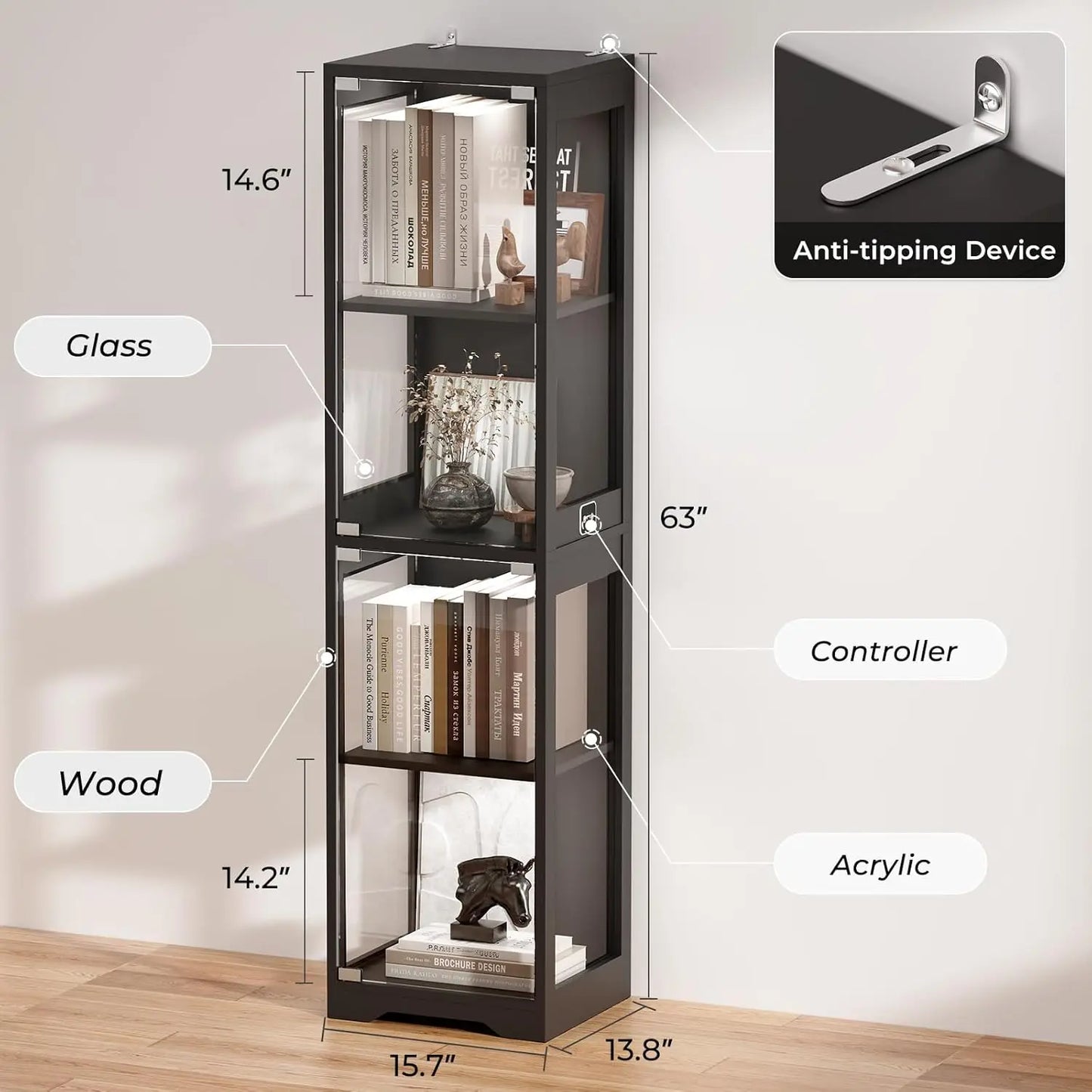 Glass Display Cabinet with 3 Color Lights and Human Body Sensor, 4-Tier Curio Cabinet for Collectibles, Black