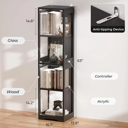 Glass Display Cabinet with 3 Color Lights and Human Body Sensor, 4-Tier Curio Cabinet for Collectibles, Black