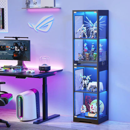 Glass Display Cabinet with 3 Color Lights and Human Body Sensor, 4-Tier Curio Cabinet for Collectibles, Black