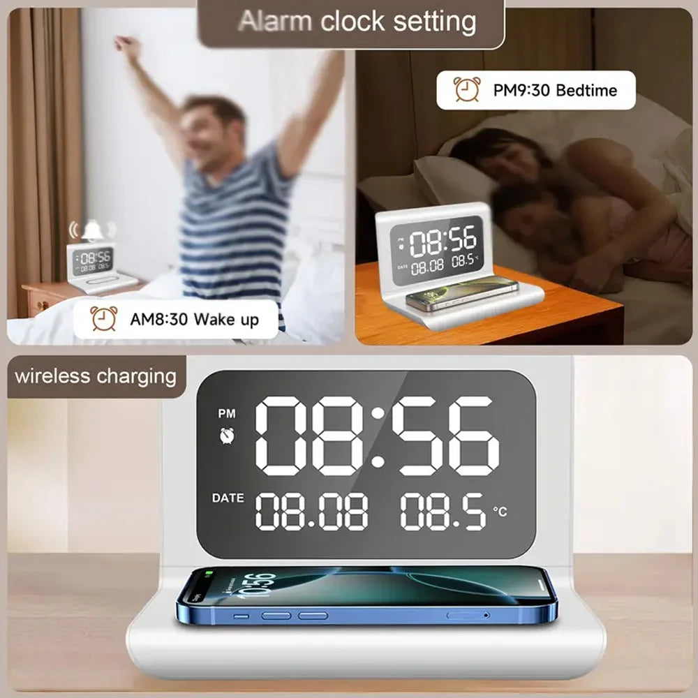 Fast Wireless Charger Pad Stand with Alarm Clock & Thermometer for iPhone 17-11/X, Xiaomi, Samsung S25 & All Qi-enabled Phones