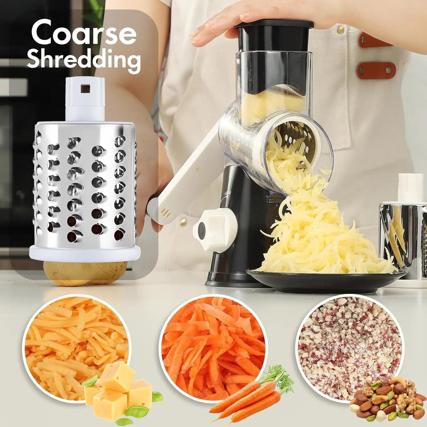 Edelstahl-Trommelreibe – 3-in-1 manueller Käse- und Gemüseschneider, spülmaschinenfest