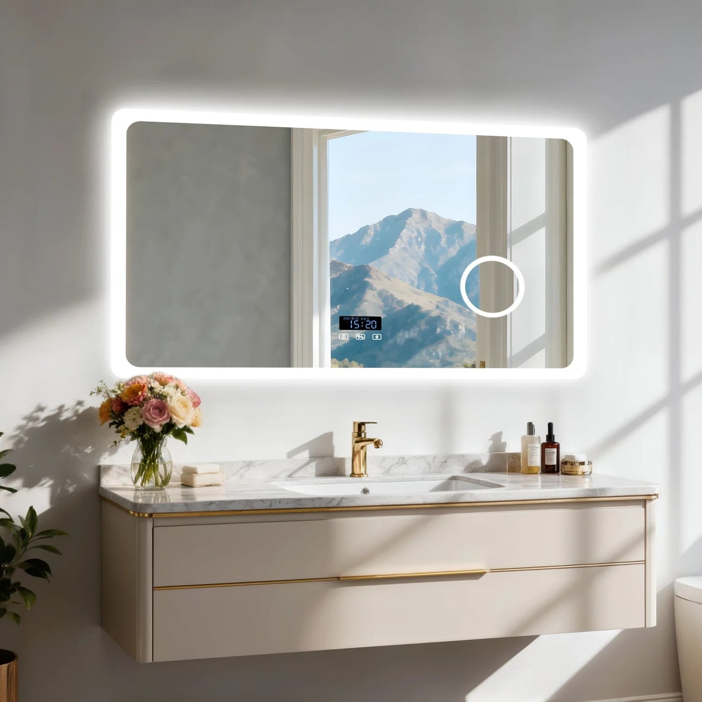 80/100/120/CM LED Bathroom Mirror with Bluetooth Dimmable Backlit Vanity Mirror with 3X Magnifier and Screen Display