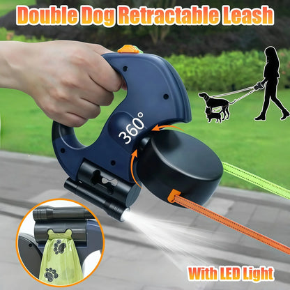 Premium 3M Retractable Double Dog Leash for Small Dogs Reflective 360 Swivel No Tangle Walking Pet Lead with LED Lights