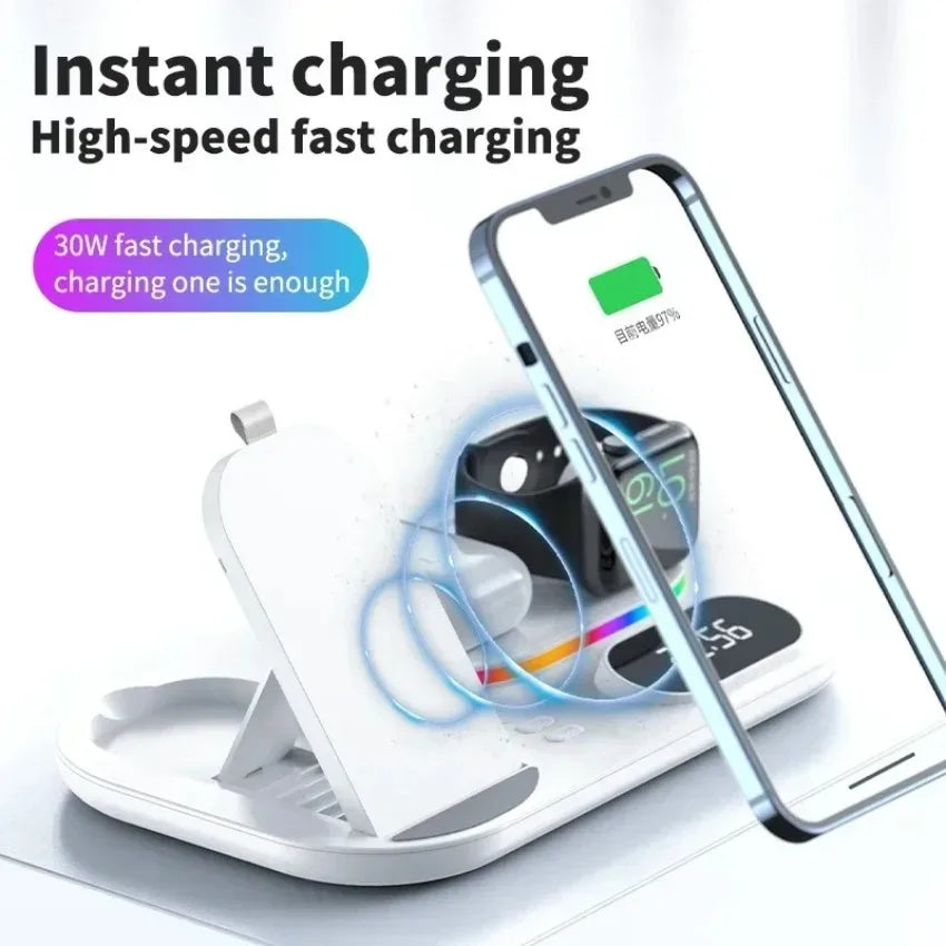 Hot Sale 5 in 1 Wireless Charging Station 15W Fast Charging Alarm Clock LED Light for iPhone Apple Watch AirPods Desktop