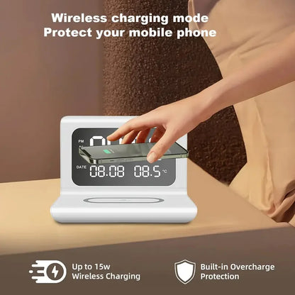 Fast Wireless Charger Pad Stand with Alarm Clock & Thermometer for iPhone 17-11/X, Xiaomi, Samsung S25 & All Qi-enabled Phones