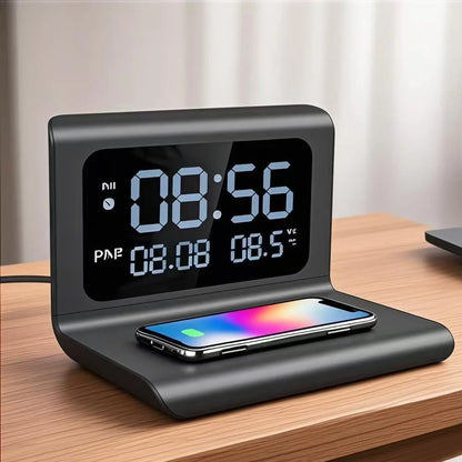 Fast Wireless Charger Pad Stand with Alarm Clock & Thermometer for iPhone 17-11/X, Xiaomi, Samsung S25 & All Qi-enabled Phones