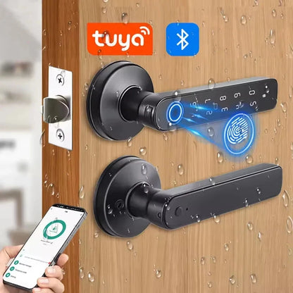 Serrure de porte intelligente Bluetooth Tuya App avec empreinte digitale, mot de passe, clé mécanique, déverrouillage NFC pour poignée de porte en bois, étanche IP65