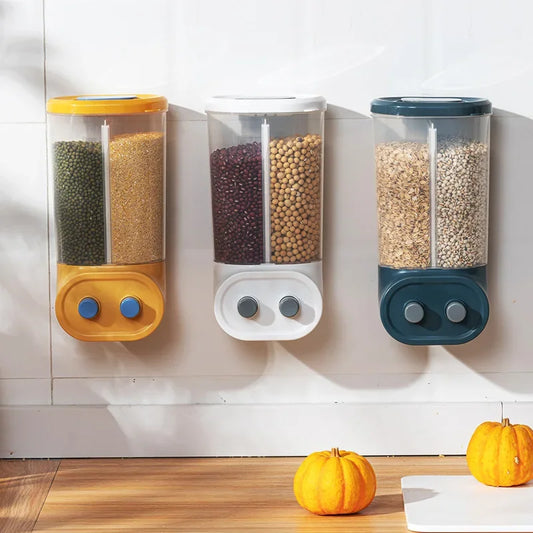 Wall Mounted Cereals Dispenser Kitchen Food Storage Containers Rice Grains Dispenser Transparent Separate Sealed Storage Jars