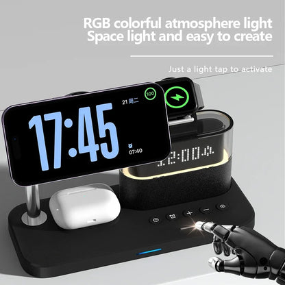 New 5 In 1 Wireless Charger Stand Alarm Clock RGB Night Light Fast Charging Station For iPhone16 15 14 13 12 Apple Watch Airpods
