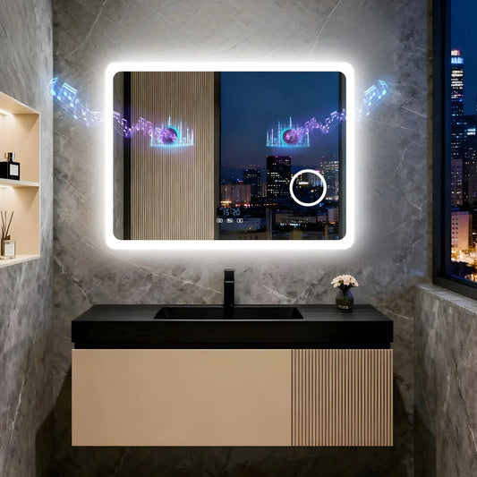 80/100/120/CM LED Bathroom Mirror with Bluetooth Dimmable Backlit Vanity Mirror with 3X Magnifier and Screen Display
