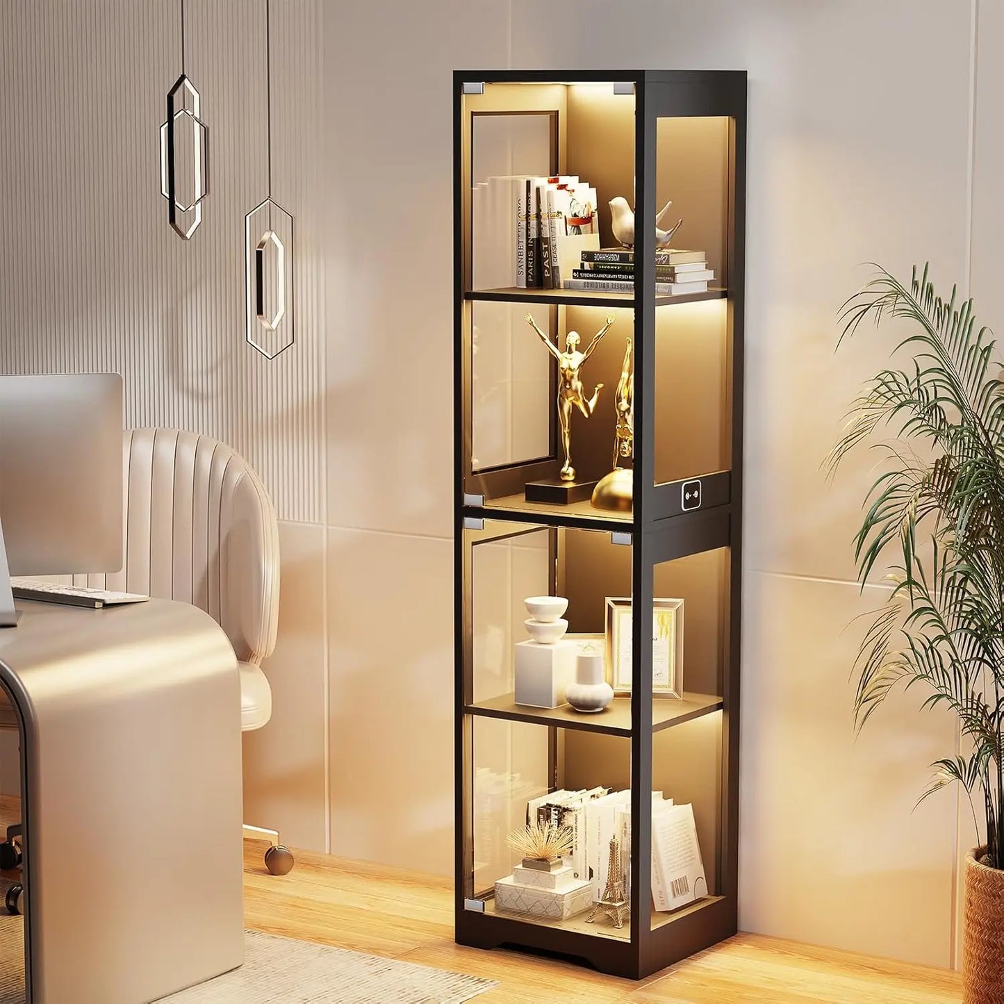 Glass Display Cabinet with 3 Color Lights and Human Body Sensor, 4-Tier Curio Cabinet for Collectibles, Black
