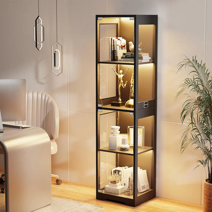 Glass Display Cabinet with 3 Color Lights and Human Body Sensor, 4-Tier Curio Cabinet for Collectibles, Black