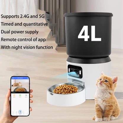 4L Automatischer Futterautomat mit Kamera für Katzen und Hunde, intelligenter Timer, Futterspender (ohne Stecker)
