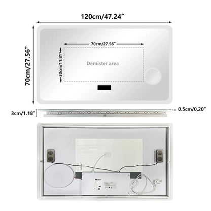 80/100/120/CM LED Bathroom Mirror with Bluetooth Dimmable Backlit Vanity Mirror with 3X Magnifier and Screen Display