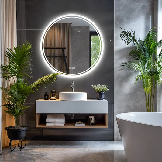 LUVODI 80cm Round Bathroom Mirror with Intelligent Illuminate Touch Screen Dimmable Anti-Fog LED Light for Bathroom
