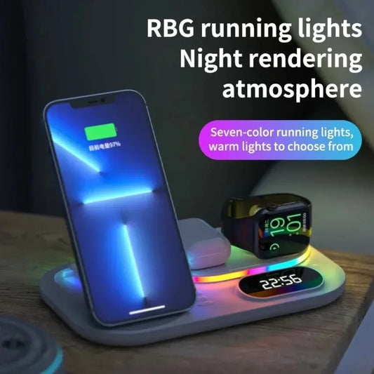 Hot Sale 5 in 1 Wireless Charging Station 15W Fast Charging Alarm Clock LED Light for iPhone Apple Watch AirPods Desktop