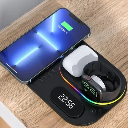 Hot Sale 5 in 1 Wireless Charging Station 15W Fast Charging Alarm Clock LED Light for iPhone Apple Watch AirPods Desktop