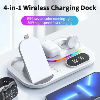 Hot Sale 5 in 1 Wireless Charging Station 15W Fast Charging Alarm Clock LED Light for iPhone Apple Watch AirPods Desktop