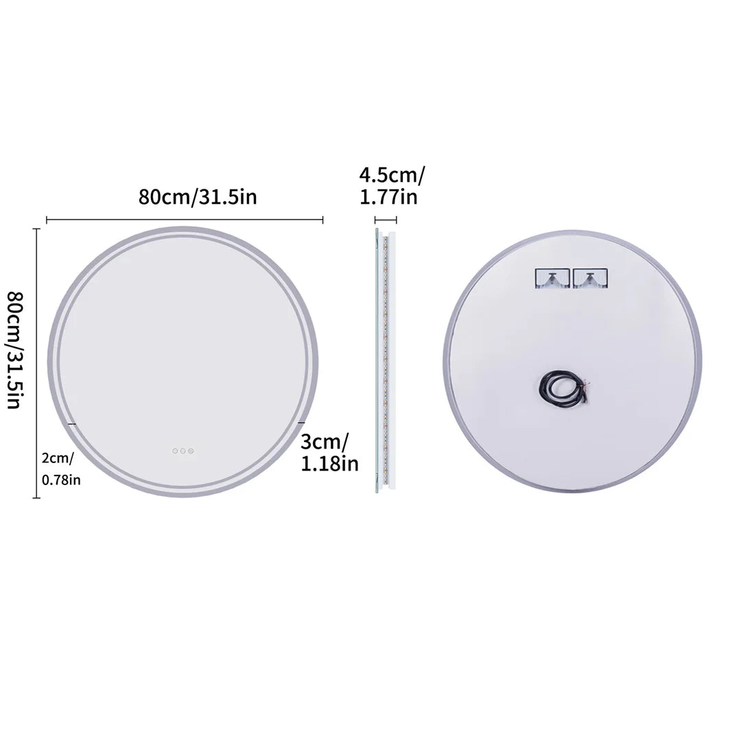 LUVODI 80cm Round Bathroom Mirror with Intelligent Illuminate Touch Screen Dimmable Anti-Fog LED Light for Bathroom