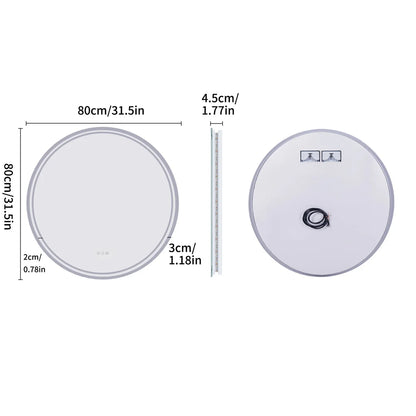 LUVODI 80cm Round Bathroom Mirror with Intelligent Illuminate Touch Screen Dimmable Anti-Fog LED Light for Bathroom