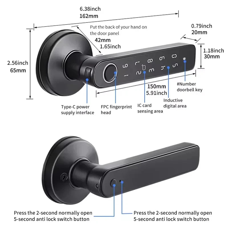 Serrure de porte intelligente Bluetooth Tuya App avec empreinte digitale, mot de passe, clé mécanique, déverrouillage NFC pour poignée de porte en bois, étanche IP65
