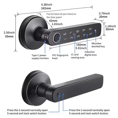 Serrure de porte intelligente Bluetooth Tuya App avec empreinte digitale, mot de passe, clé mécanique, déverrouillage NFC pour poignée de porte en bois, étanche IP65