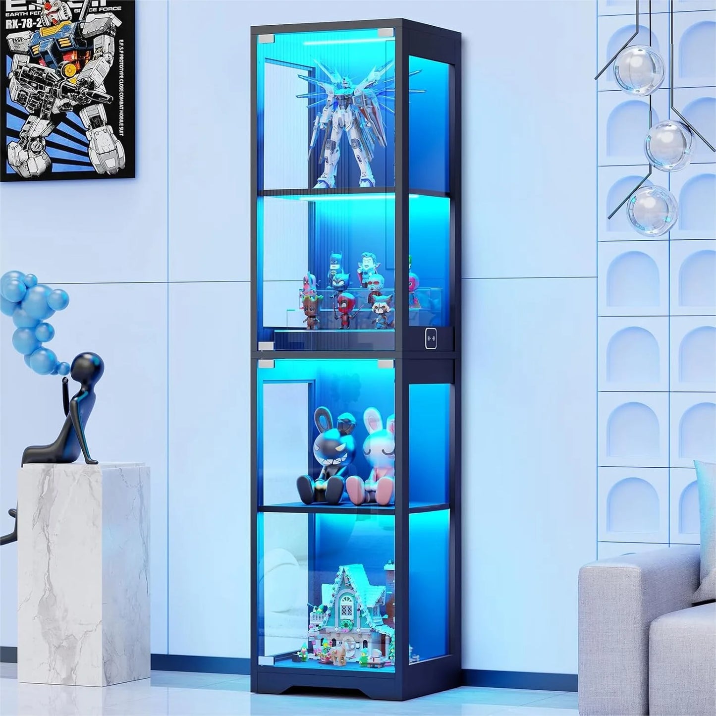 Glass Display Cabinet with 3 Color Lights and Human Body Sensor, 4-Tier Curio Cabinet for Collectibles, Black