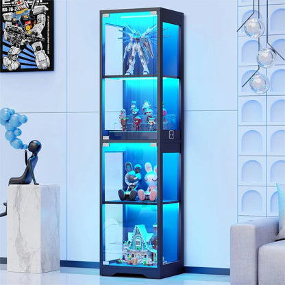 Glass Display Cabinet with 3 Color Lights and Human Body Sensor, 4-Tier Curio Cabinet for Collectibles, Black
