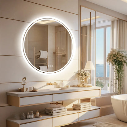 LUVODI 80cm Round Bathroom Mirror with Intelligent Illuminate Touch Screen Dimmable Anti-Fog LED Light for Bathroom