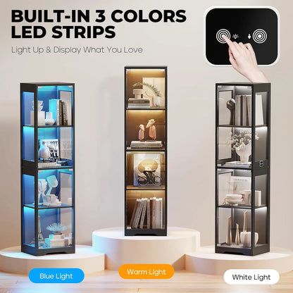 Glass Display Cabinet with 3 Color Lights and Human Body Sensor, 4-Tier Curio Cabinet for Collectibles, Black