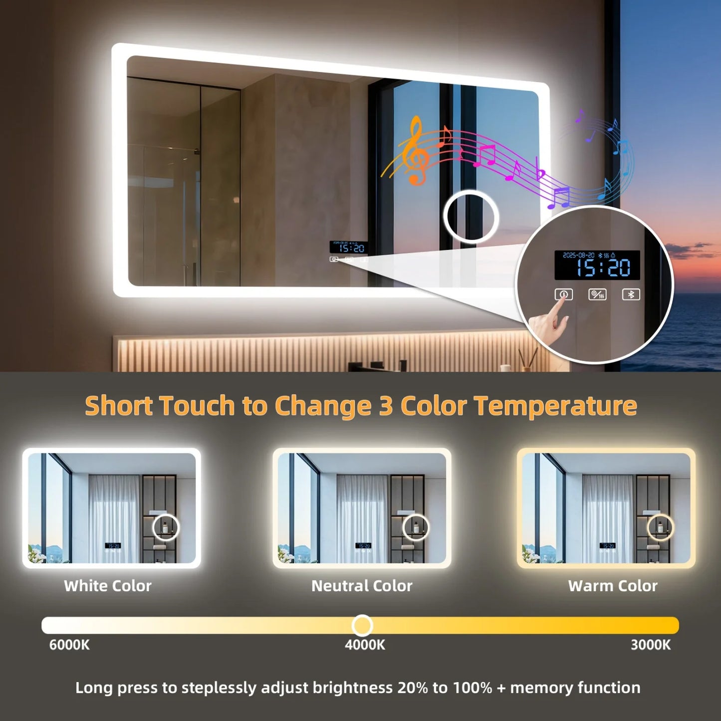 80/100/120/CM LED Bathroom Mirror with Bluetooth Dimmable Backlit Vanity Mirror with 3X Magnifier and Screen Display