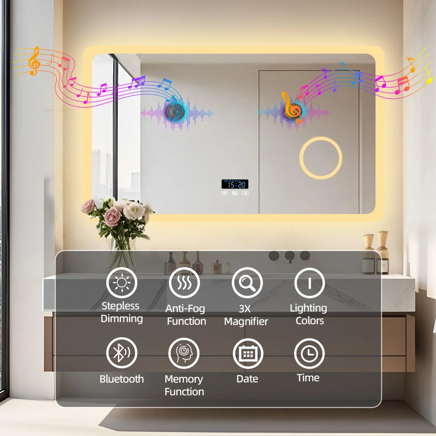 80/100/120/CM LED Bathroom Mirror with Bluetooth Dimmable Backlit Vanity Mirror with 3X Magnifier and Screen Display