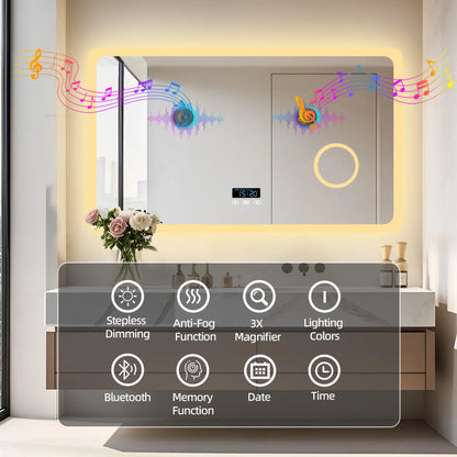 80/100/120/CM LED Bathroom Mirror with Bluetooth Dimmable Backlit Vanity Mirror with 3X Magnifier and Screen Display