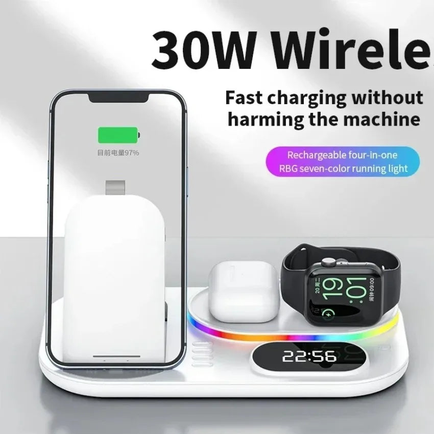 Hot Sale 5 in 1 Wireless Charging Station 15W Fast Charging Alarm Clock LED Light for iPhone Apple Watch AirPods Desktop
