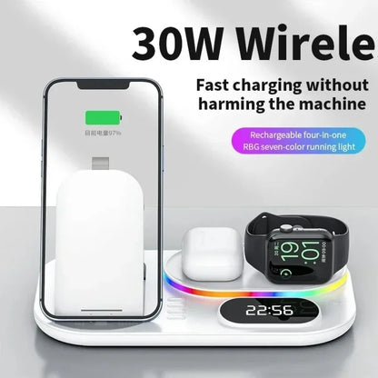 Hot Sale 5 in 1 Wireless Charging Station 15W Fast Charging Alarm Clock LED Light for iPhone Apple Watch AirPods Desktop