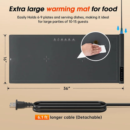 Extra Large 36"x16" Electric Warming Mat for Buffets, 9 Temp Settings & 6H Timer, Portable Food Warmer