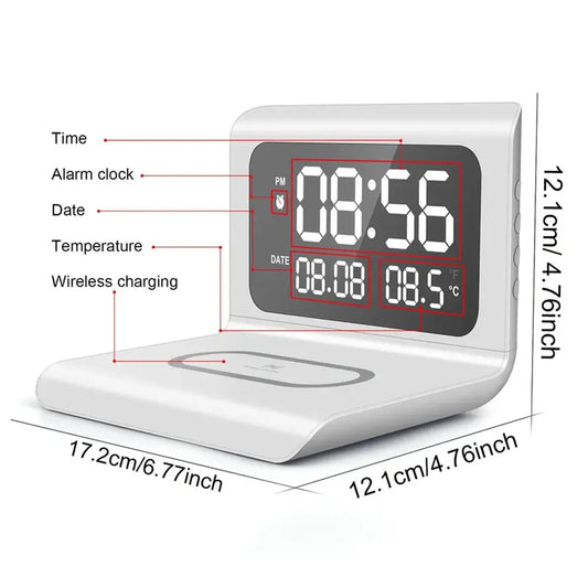 Fast Wireless Charger Pad Stand with Alarm Clock & Thermometer for iPhone 17-11/X, Xiaomi, Samsung S25 & All Qi-enabled Phones