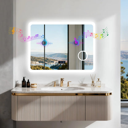 80/100/120/CM LED Bathroom Mirror with Bluetooth Dimmable Backlit Vanity Mirror with 3X Magnifier and Screen Display