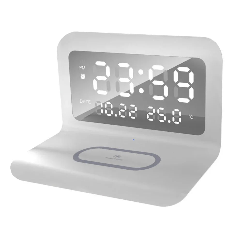 Fast Wireless Charger Pad Stand with Alarm Clock & Thermometer for iPhone 17-11/X, Xiaomi, Samsung S25 & All Qi-enabled Phones