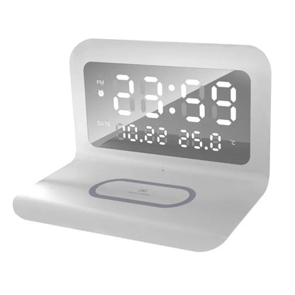 Fast Wireless Charger Pad Stand with Alarm Clock & Thermometer for iPhone 17-11/X, Xiaomi, Samsung S25 & All Qi-enabled Phones