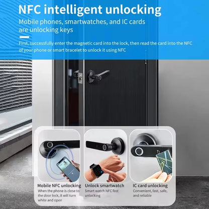 Serrure de porte intelligente Bluetooth Tuya App avec empreinte digitale, mot de passe, clé mécanique, déverrouillage NFC pour poignée de porte en bois, étanche IP65