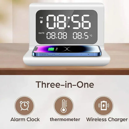 Fast Wireless Charger Pad Stand with Alarm Clock & Thermometer for iPhone 17-11/X, Xiaomi, Samsung S25 & All Qi-enabled Phones