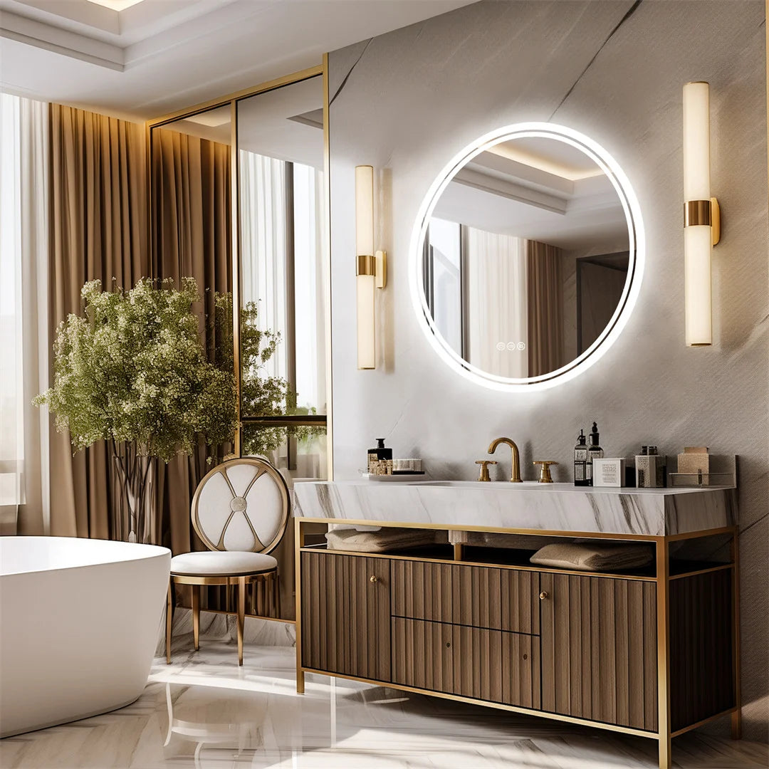 LUVODI 80cm Round Bathroom Mirror with Intelligent Illuminate Touch Screen Dimmable Anti-Fog LED Light for Bathroom