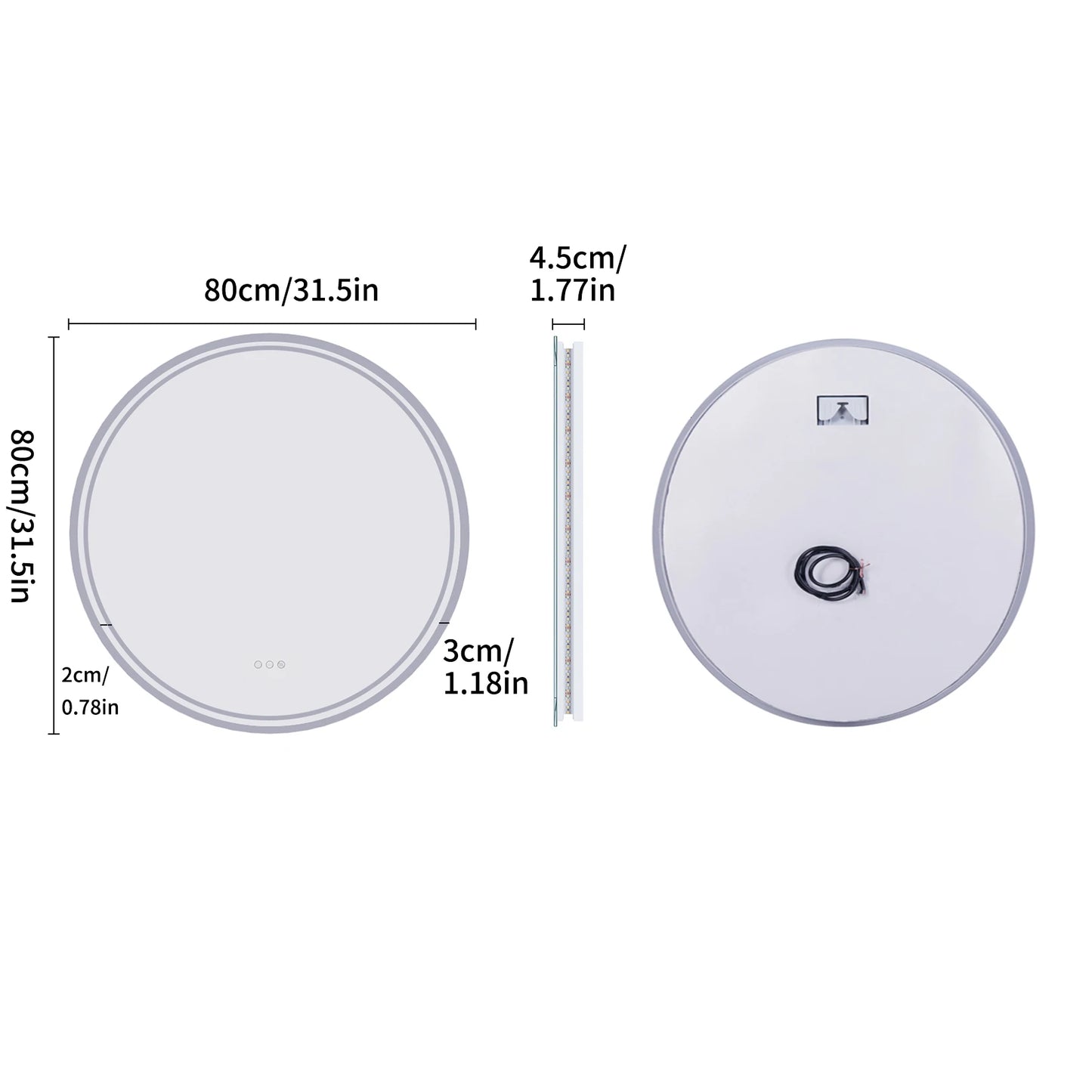 LUVODI 80cm Round Bathroom Mirror with Intelligent Illuminate Touch Screen Dimmable Anti-Fog LED Light for Bathroom