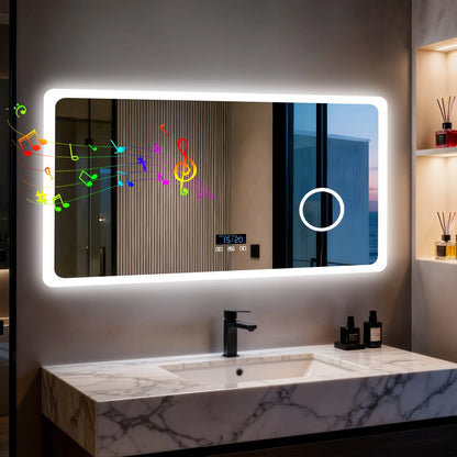 80/100/120/CM LED Bathroom Mirror with Bluetooth Dimmable Backlit Vanity Mirror with 3X Magnifier and Screen Display