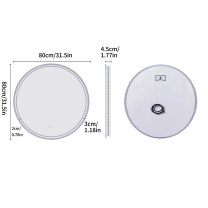 LUVODI 80cm Round Bathroom Mirror with Intelligent Illuminate Touch Screen Dimmable Anti-Fog LED Light for Bathroom