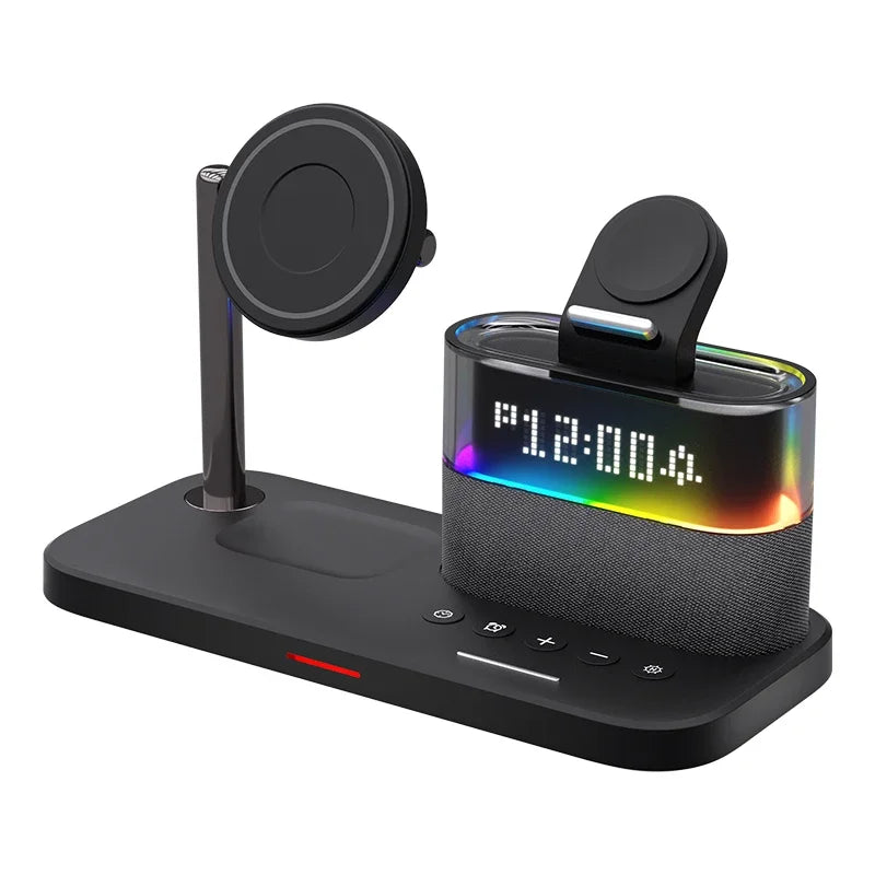 New 5 In 1 Wireless Charger Stand Alarm Clock RGB Night Light Fast Charging Station For iPhone16 15 14 13 12 Apple Watch Airpods