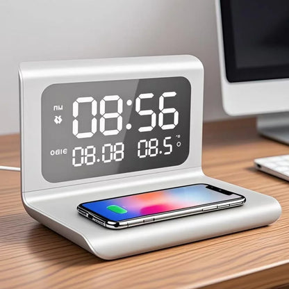 Fast Wireless Charger Pad Stand with Alarm Clock & Thermometer for iPhone 17-11/X, Xiaomi, Samsung S25 & All Qi-enabled Phones